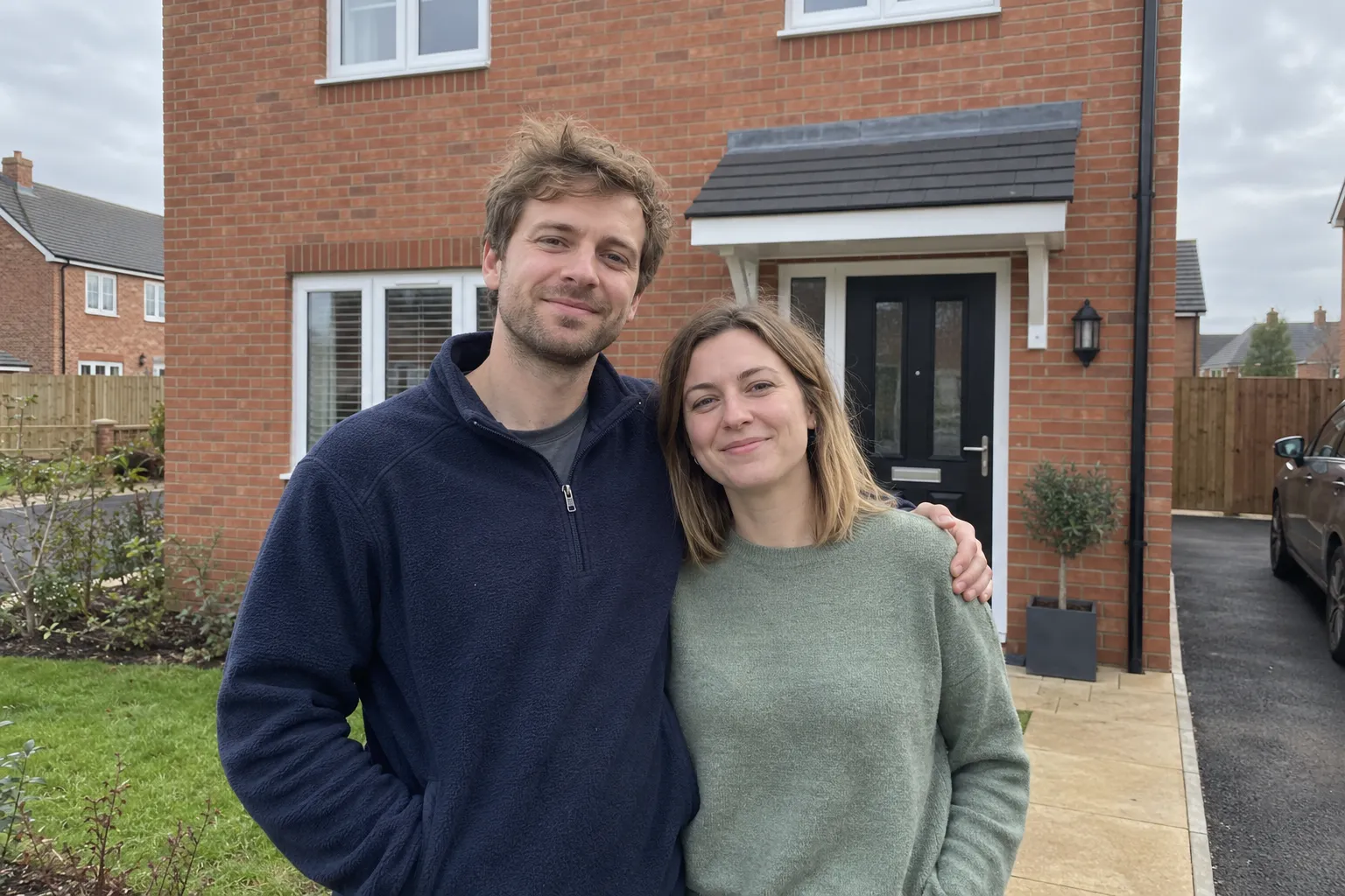 Illustrative couple outside a new-build home