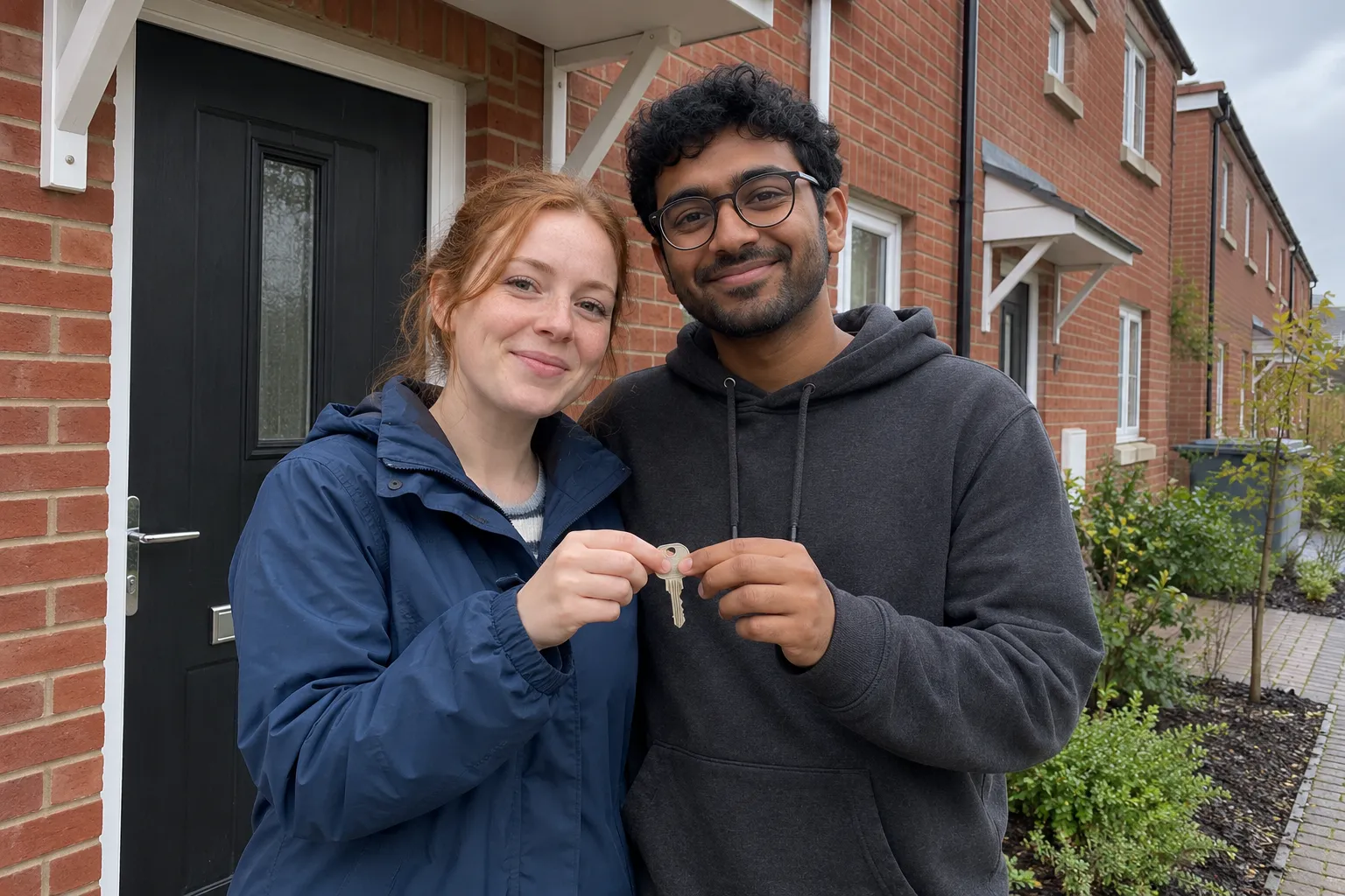 Illustrative couple outside a new-build home