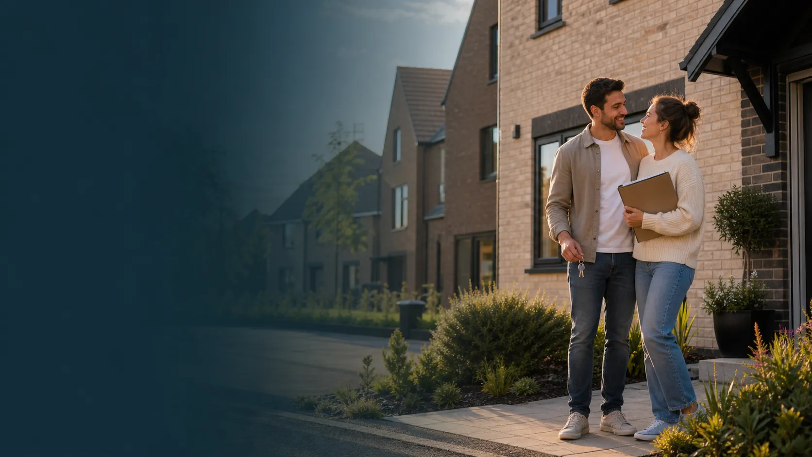 A couple standing outside their new-build home